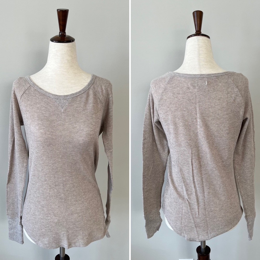 American Eagle Waffle Henley Long Sleeve Top with Gold Stitching